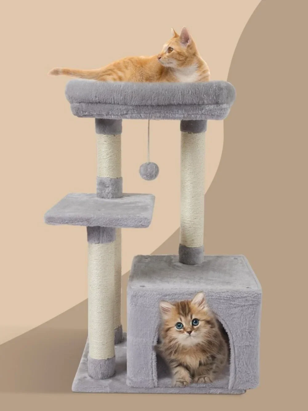 Adorable Cat Tree Condo with Sisal Scratching Posts & Jump Platform - Gray